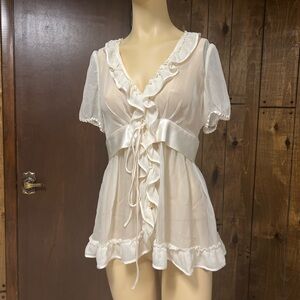 Chloe white chiffon see through blouse w/ ruffle & silk trim,size6,excellent